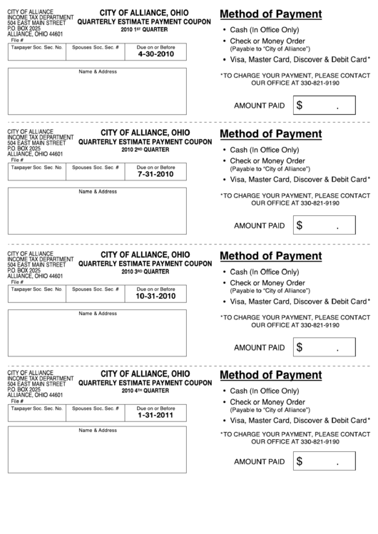 Quarterly Estimate Payment Coupon Form State Of Ohio printable pdf