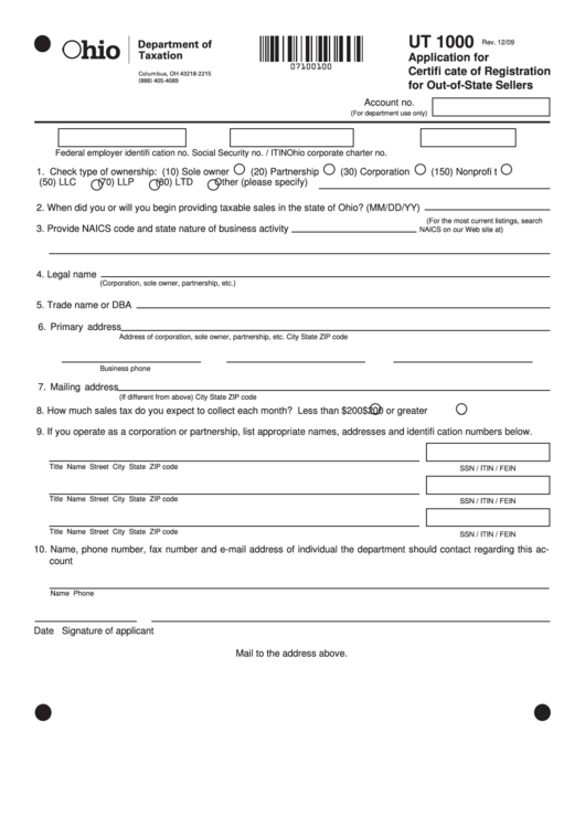 Fillable Form Ut 1000 - Application For Certifi Cate Of Registration For Out-Of-State Sellers Printable pdf