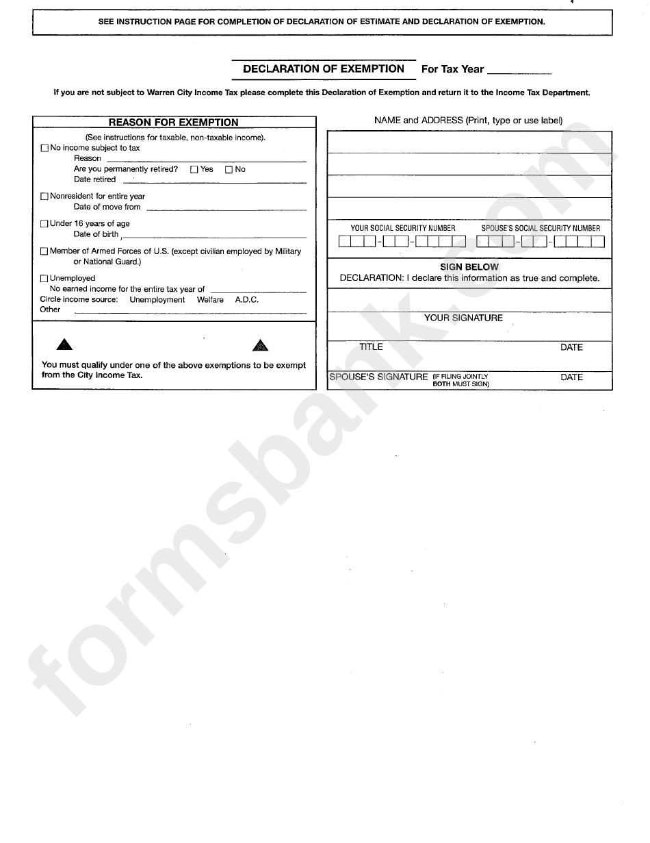 Declaration Of Exemption Form - Warren City Income Tax