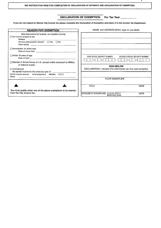 Declaration Of Exemption Form - Warren City Income Tax Printable pdf