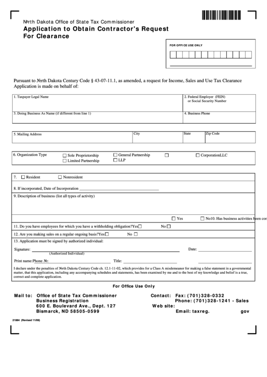 Fillable Form 21884 - Application To Obtain Contractor