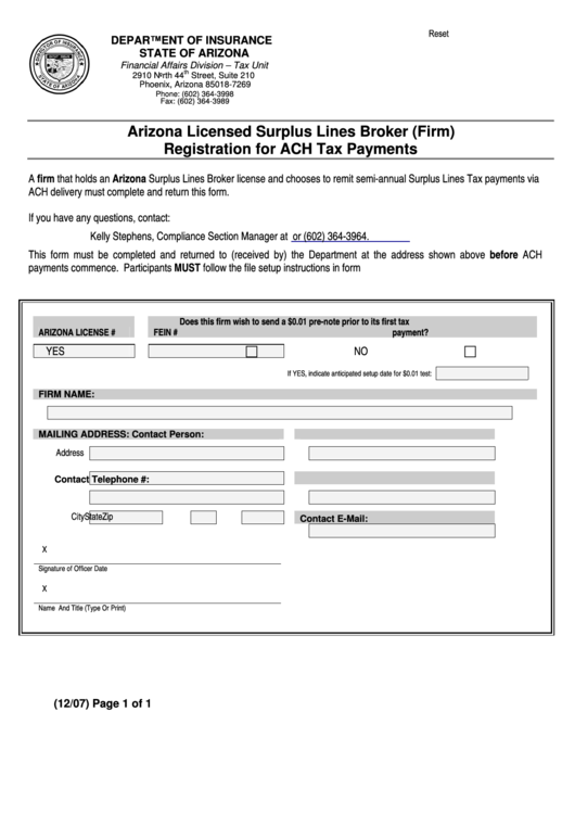 Fillable Form E-Ach.slb - 2007 - Arizona Licensed Surplus Lines Broker (Firm) Registration For Ach Tax Payments - Department Of Insurance State Of Arizona Printable pdf