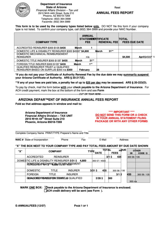 Fillable Annual Fees Report Form - 2007 - Department Of Insurance State Of Arizona Printable pdf