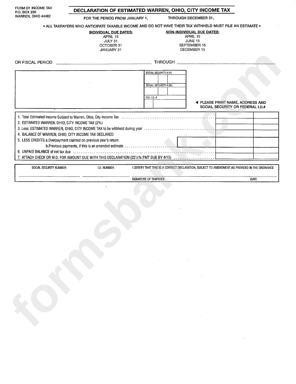 Form D1 - Declaration Of Estimated Warren, Ohio, City Income Tax