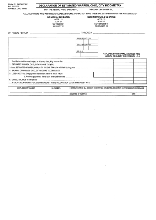 Form D1 - Declaration Of Estimated Warren, Ohio, City Income Tax Printable pdf