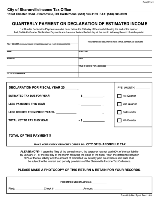 Fillable Quarterly Payment Form On Declaration Of Estimated Income Printable pdf