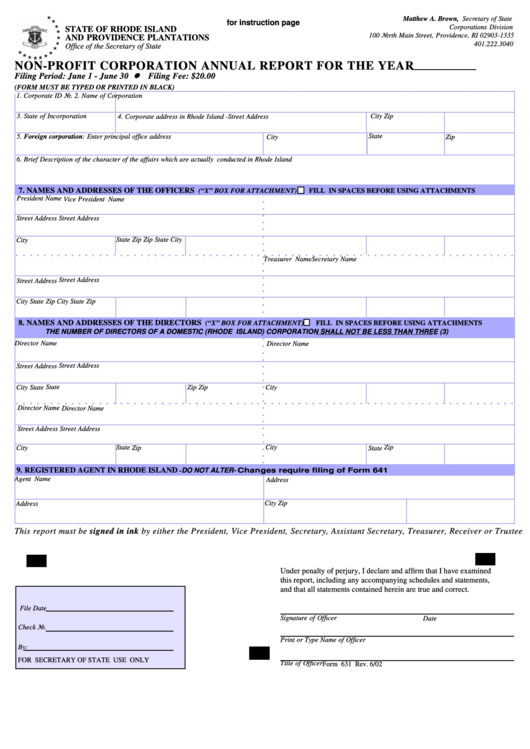Fillable Form 631 - 2002 - Non-Profit Corporation Annual Report - State Of Rhode Island And Providence Plantations Printable pdf