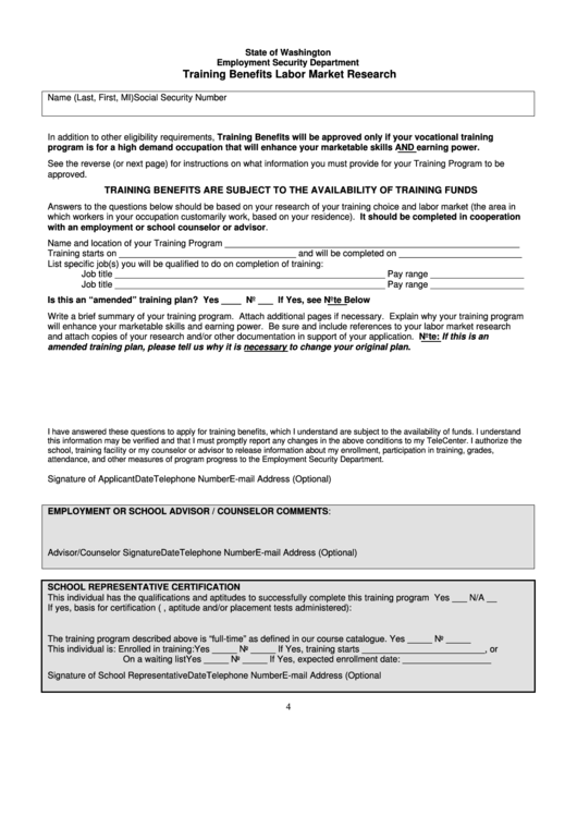 Training Benefits Labor Market Research Form - State Of Washington Printable pdf