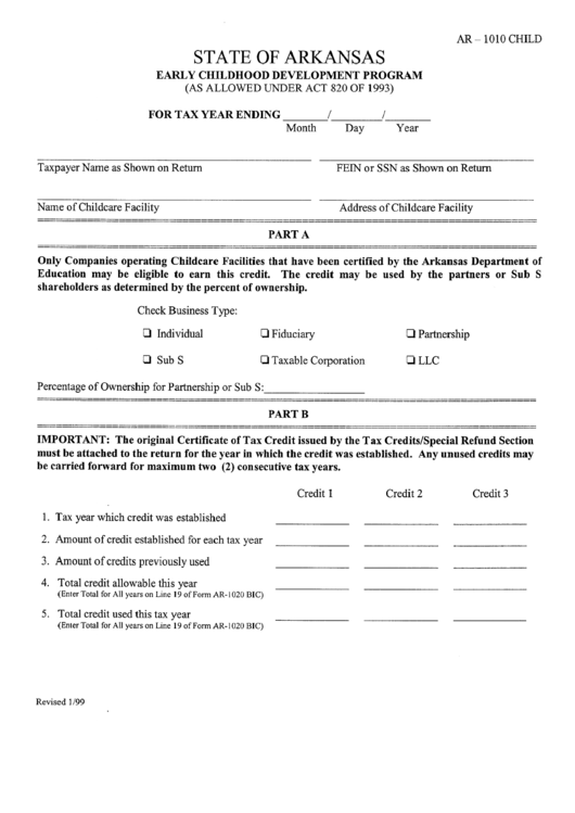 Form Ar-1010 Child - 1999 - State Of Arkansas Early Childhood Development Program Printable pdf