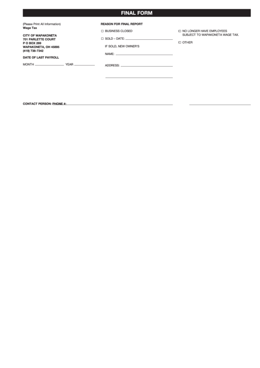 Wage Tax - Final Form - City Of Wapakoneta Printable pdf