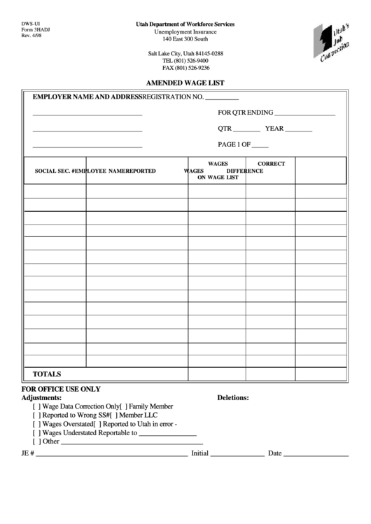 Form 3hadj - Amended Wage List Printable pdf