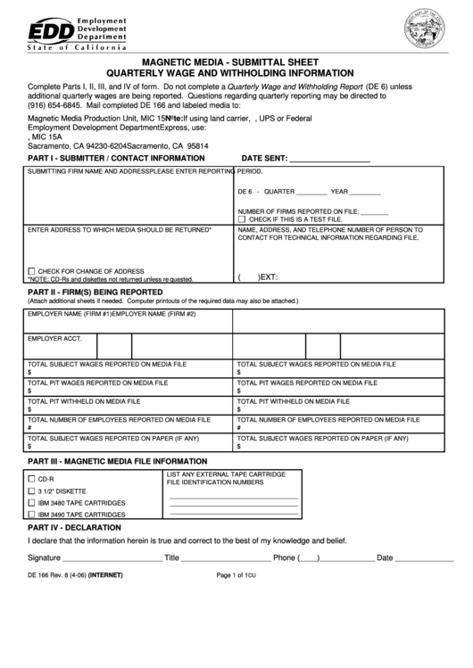 Fillable Form De 166 - Magnetic Media - Submittal Sheet Quarterly Wage And Withholding Information 2006 Printable pdf