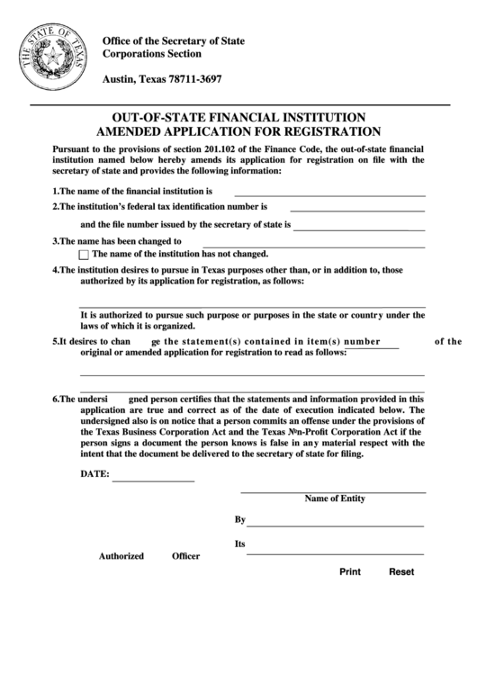 Fillable Out-Of-State Financial Institution Amended Application For Registration Form - Office Of The Secretary Of Texas State Corporations Section Printable pdf