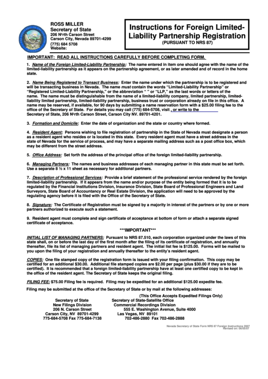 Form Llp 2007 - Foreign Limited Liability Partnership Registration Package Of Forms With Instructions - State Of Nevada Printable pdf