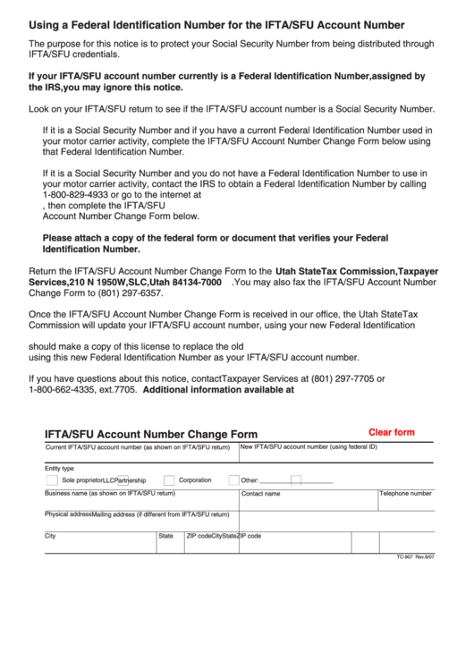Fillable Form Tc-907 - Ifta/sfu Account Number Change Printable pdf