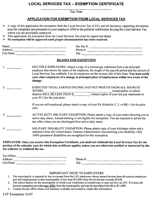 Local Services Tax - Exemption Certificate Template - 2007 Printable pdf