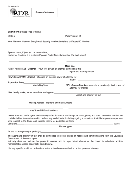 Fillable Form R-7005 - Power Of Attorney Printable pdf