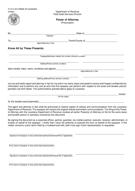 Fillable Form R-7015 - Power Of Attorney Printable pdf