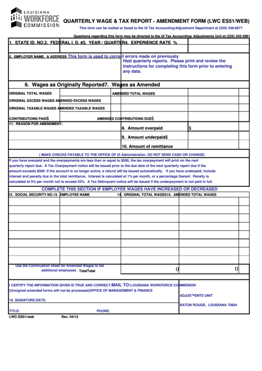Fillable Form Lwc Es51/web - Quarterly Wage & Tax Report - Amendment Printable pdf