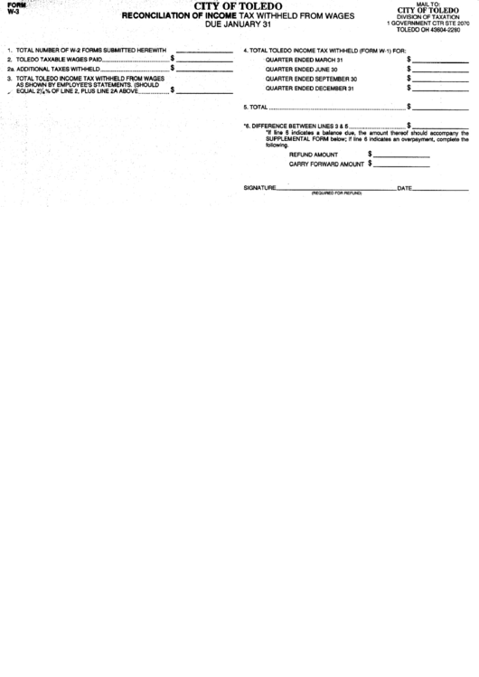 Form W-3 - Reconciliation Of Income Tax Withheld From Wages - City Of Toledo Division Of Taxation Printable pdf