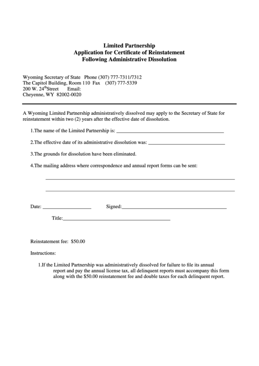 Fillable Limited Partnership Application For Certificate Of Reinstatement - Wyoming Secretary Of State Printable pdf