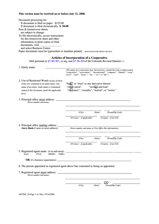 Fillable Form Artinc 56 - Articles Of Incorporation Of A Cooperative Printable pdf