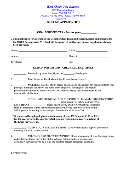 Form Lst Ref- Refund Application - Local Services Tax - 2008 Printable pdf