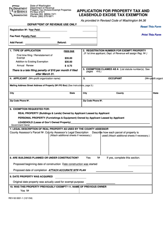 Fillable Form Rev 63 0001 - Application For Property Tax And Leasehold Excise Tax Exemption Printable pdf