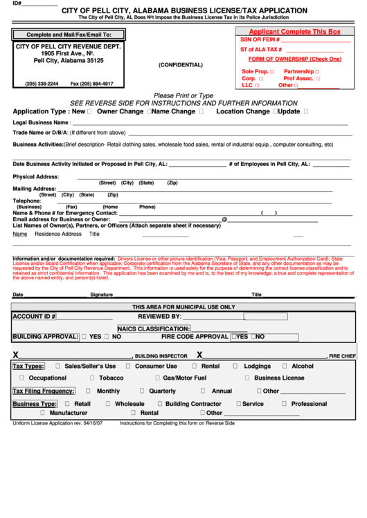 Alabama Business License/tax Application Form (2007) Printable pdf