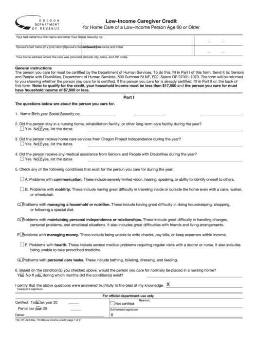 Fillable Form 150-101-024 - Low-Income Caregiver Credit For Home Care Of A Low-Income Person Age 60 Or Older Printable pdf