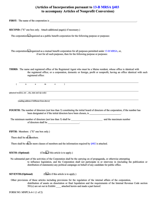 Fillable Form Mnpca-6-1 - Articles Of Incorporation - Acceptance Of Appointment Of Registered Agent Printable pdf