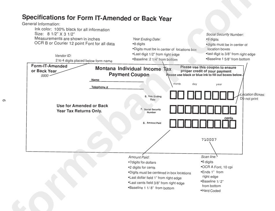 Form It- Amended Or Back Year - Individual Income Tax Payment Coupon - Specifications