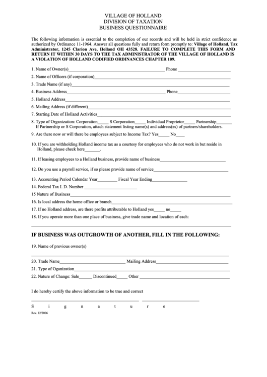 Village Of Holland Division Of Taxation Business Questionnaire Form Printable pdf