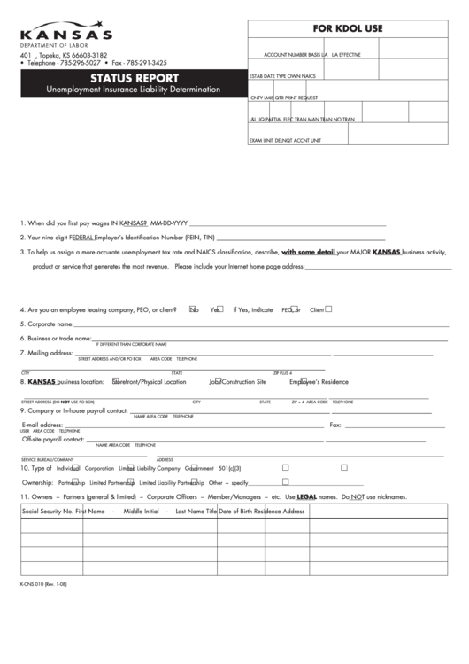 Fillable Form K-Cns 010 - Status Report Unemployment Insurance Liability Determination Printable pdf