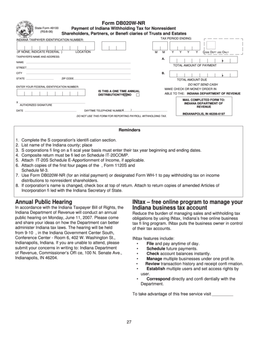 Form Db020w-Nr - Payment Of Indiana Withholding Tax For Nonresident Shareholders, Partners, Or Benefi Ciaries Of Trusts And Estates Printable pdf