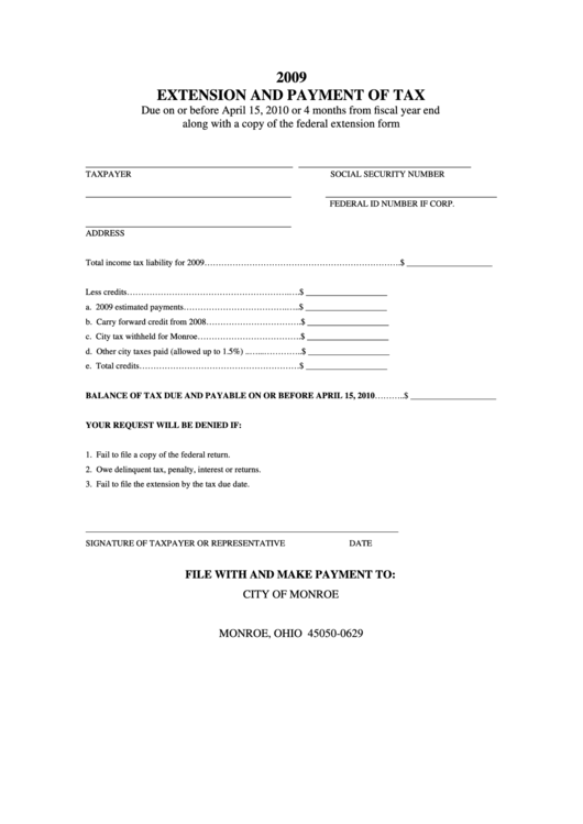 Extension And Payment Of Tax Form - City Of Monroe - 2009 Printable pdf