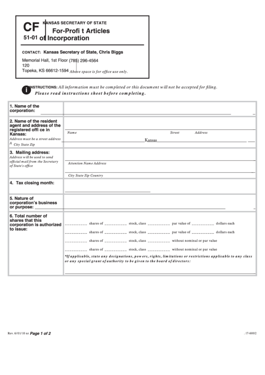 Form Cf 51-01 - For-Profi T Articles Of Incorporation Printable pdf