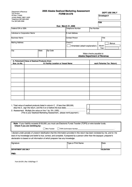 Form 04-578 - Alaska Seafood Marketing Assessment 2005 Printable pdf