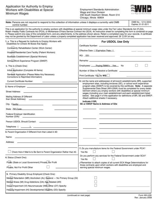 Fillable Form Wh-226 - Application For Authority To Employ Workers With Disabilities At Special Minimum Wages - 2008 Printable pdf
