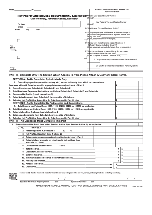 Form 102 - Net Profit And Shively Occupational Tax Report Form Printable pdf