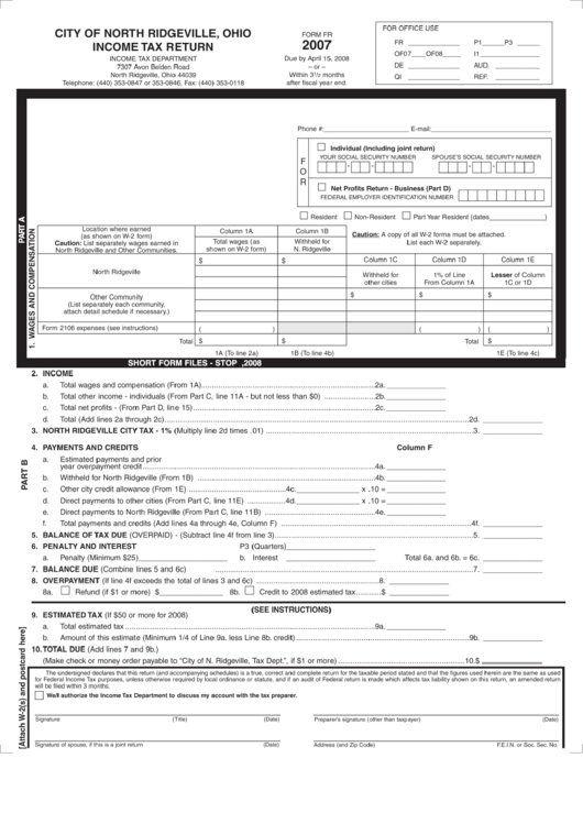 Form Fr - City Of North Redgeville Income Tax Return 2007 Printable pdf