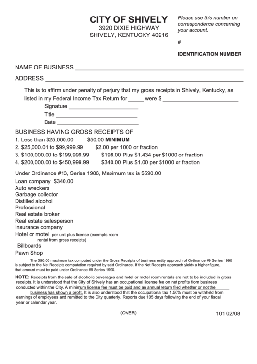 Form 101 - City Of Shively Legal Form Printable pdf