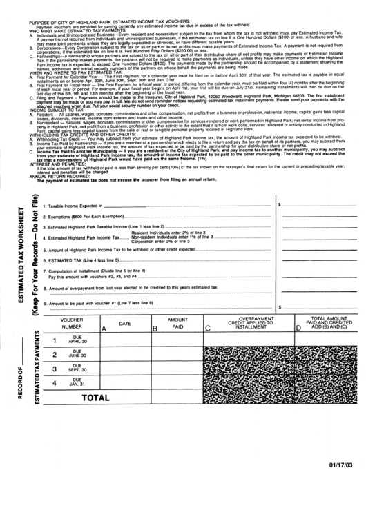 City Of Highland Park Estimated Tax Worksheet Printable pdf