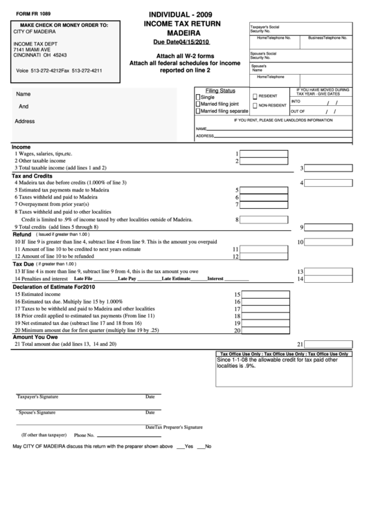 Form Fr 1089 - Individual Income Tax Return - Madeira - 2009 Printable pdf