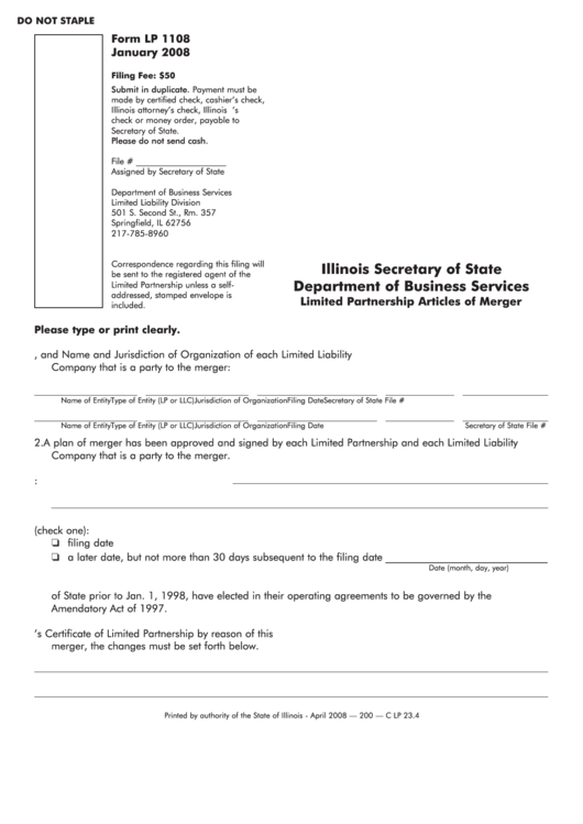 Fillable Form Lp 1108 - Limited Partnership Articles Of Merger 2008 Printable pdf