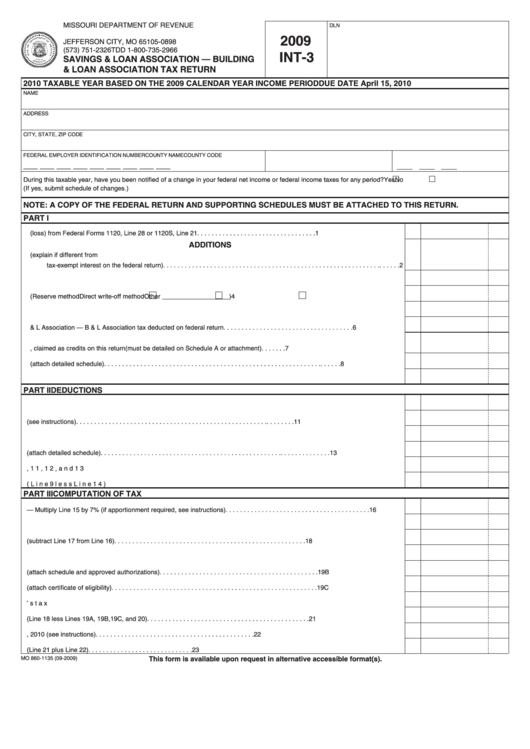Fillable Form Int-3 - Savings & Loan Association Building & Loan Association Tax Return - 2009 Printable pdf