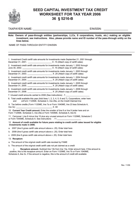 Seed Capital Investment Tax Credit Worksheet For Tax Year 2006 Printable pdf