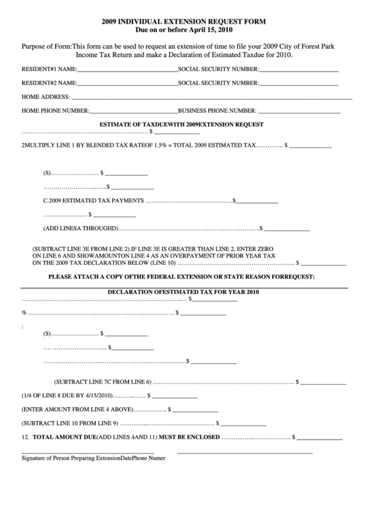2009 Individual Extension Request Form Printable pdf