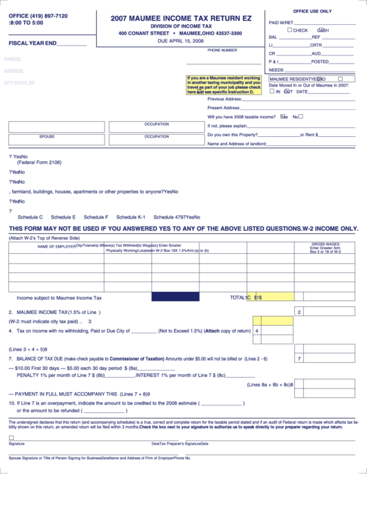 Maumee Income Tax Return Ez Division Of Income Tax Form - 2007 Printable pdf