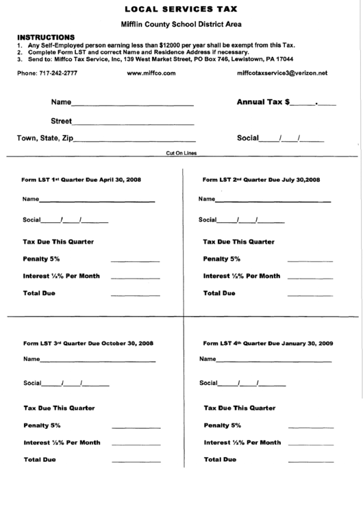 Local Services Tax Form - Miffco Tax Service Printable pdf
